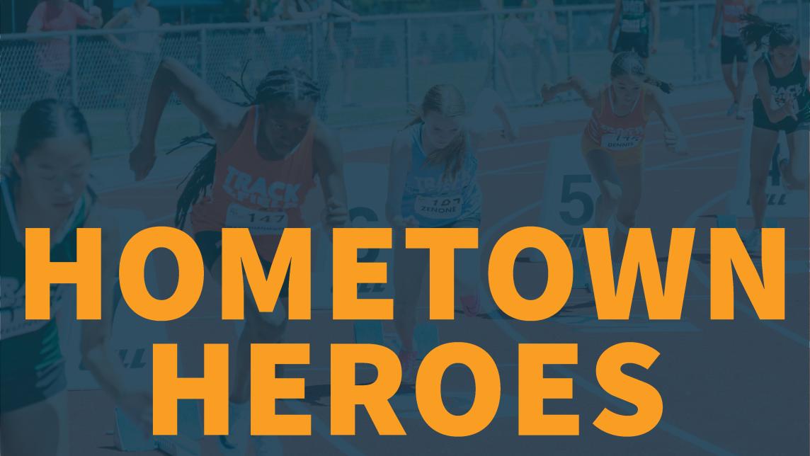 Young Athletes on a Track Running with Blue Colour Overtop with Hometown Heroes Text
