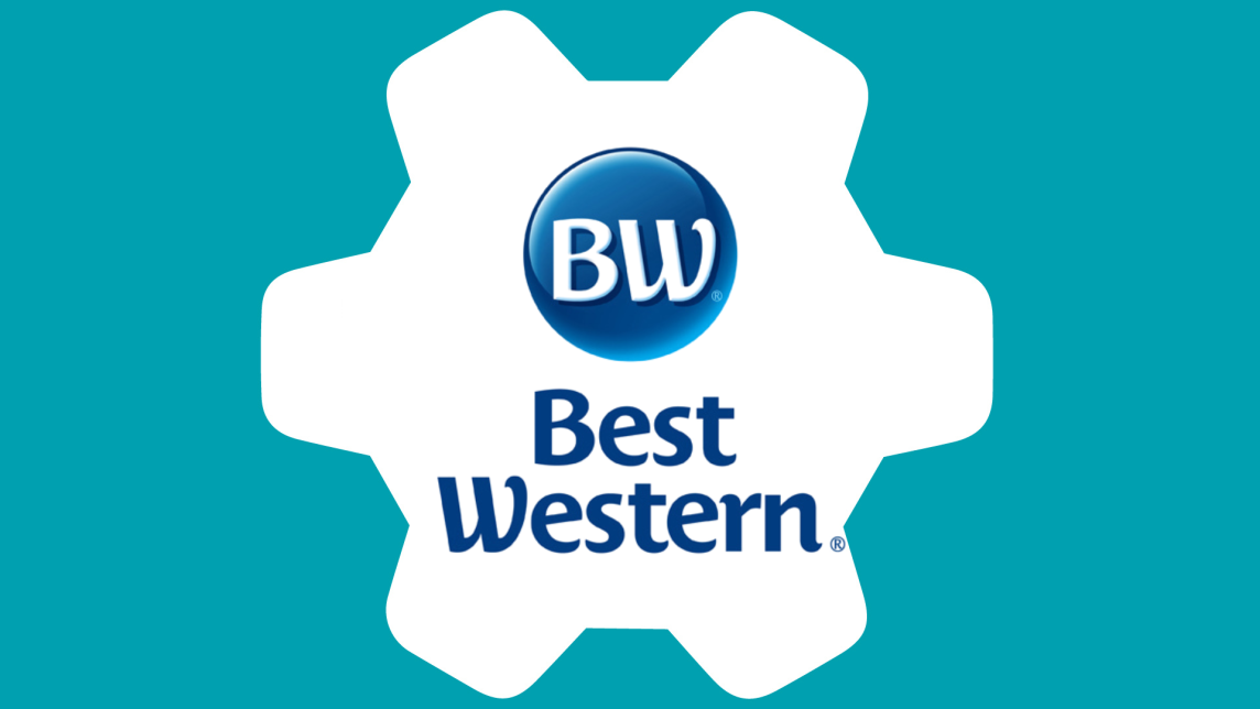 The Best Western logo inside a white gear against a teal background.