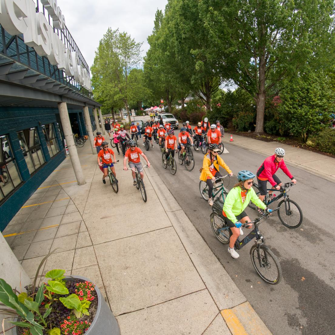 Bikers exiting Memorial Peace Park