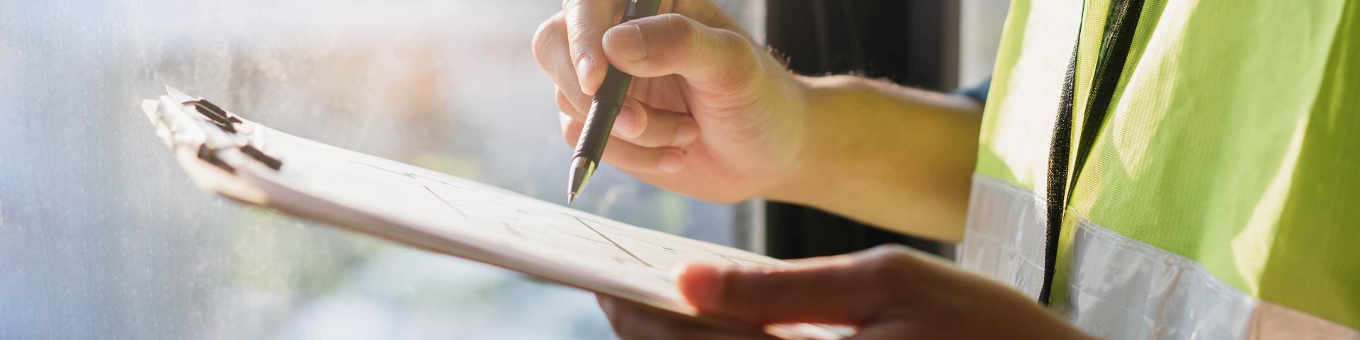 A person wearing a high visibility vest reviews a piece of paper on a clipboard, holding a pen just above the page.