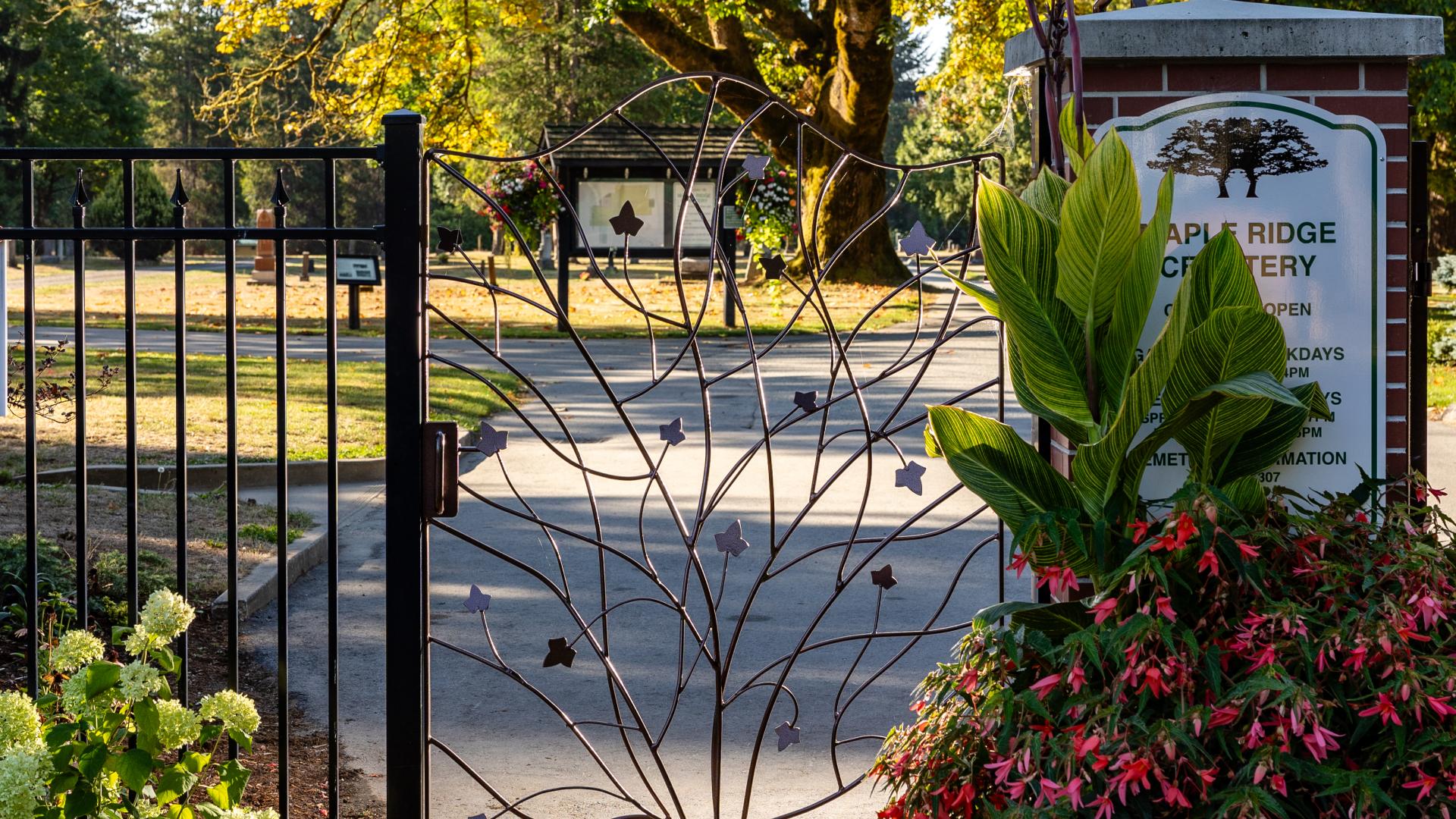 Artist Made Gates to the Cemetery with Trees Behind Them