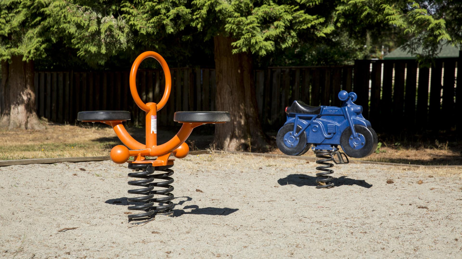 Two spring riders - one blue and motorcycle shaped, the other orange. They sit in a sandbox next to a row of bushy evergreens.