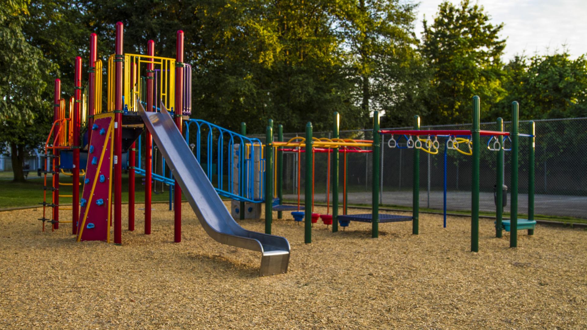 A large playground with monkey bars, stepping stones, a rock wall and a slide, among other features.