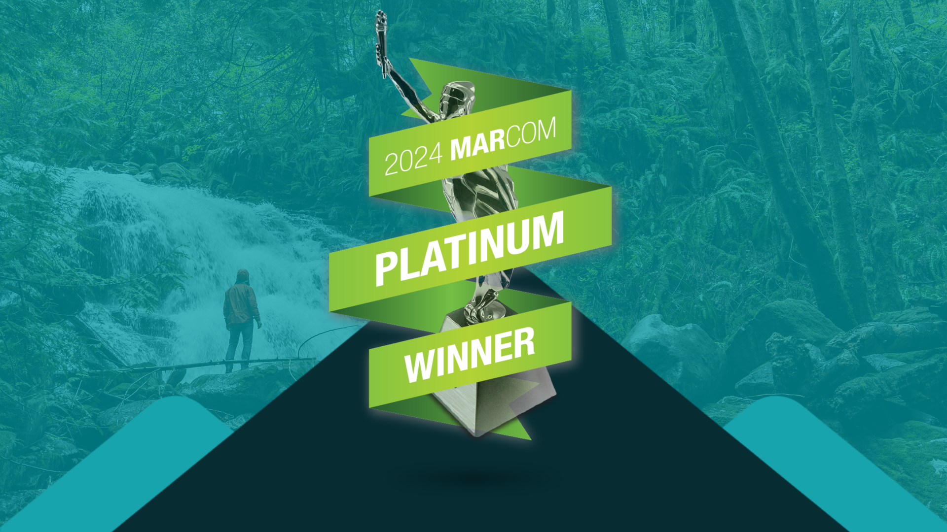 A statuette stands surrounded by a green ribbon that says "2024 Marcom Platinum Winner". 