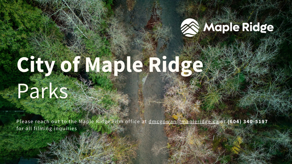 An image of the Alouette River displaying the text "City of Maple Ridge Parks"