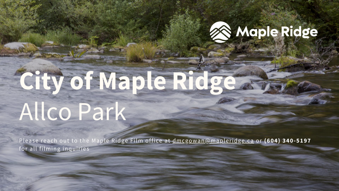 An image of Allco Park displaying the text "City of Maple Ridge Allco Park"