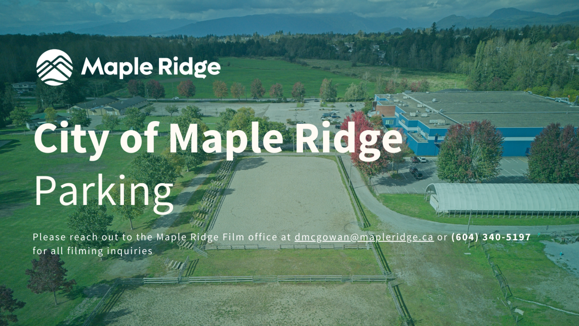 An aerial image of the Albion Fairgrounds Lot displaying the text "City of Maple Ridge Parking"