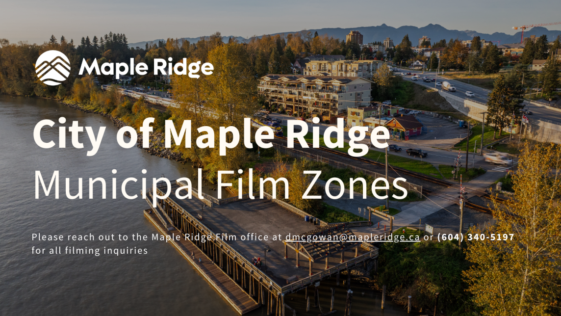 An aerial image of the Port Haney Wharf displaying the text "City of Maple Ridge Municipal Film Zones"