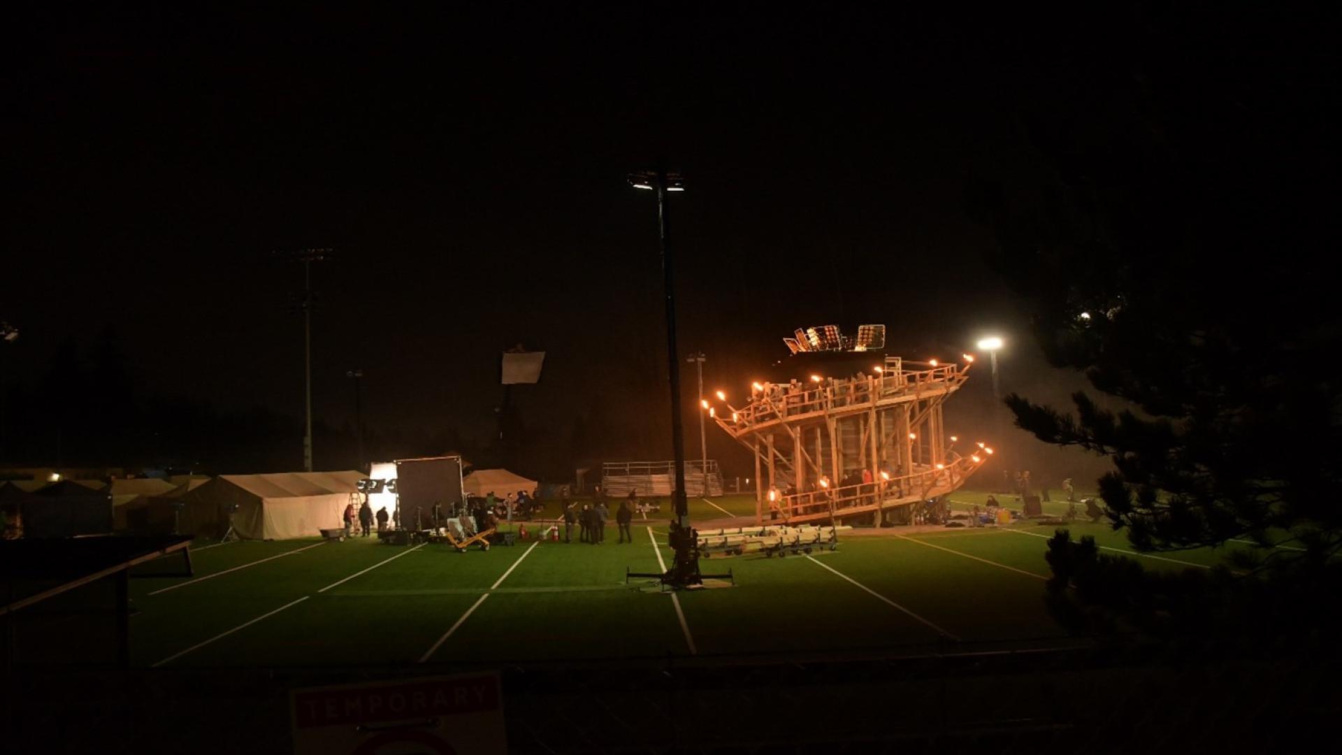 A behind-the-scenes exterior shot from the set of Goosebumps at Samuel Robertson Technical School