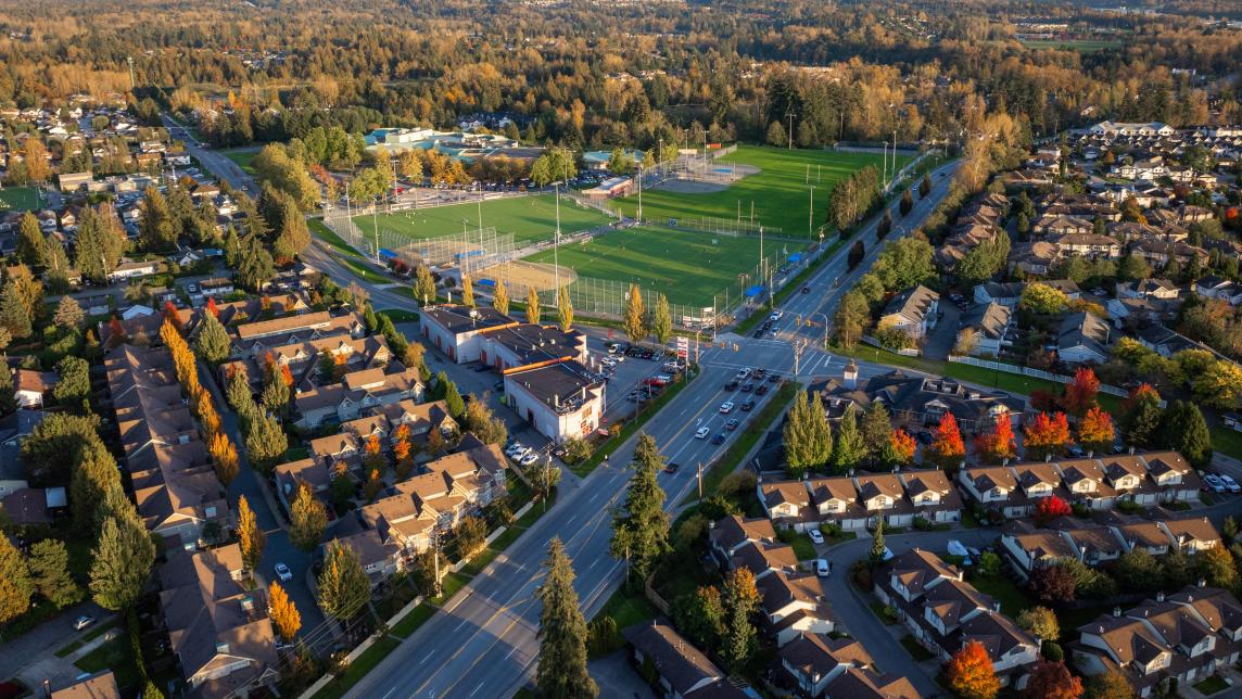 An aerial view of Lougheed Highway and Telosky Stadium.