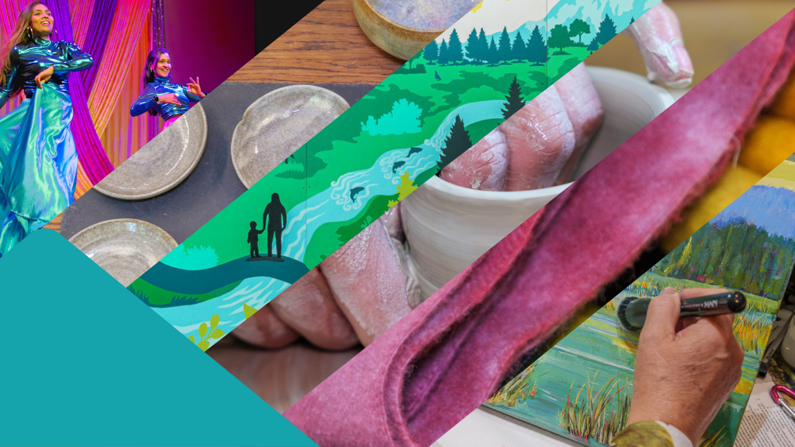 A collage showing various artistic disciplines in action, from dance, to pottery, to painting, mural and fabric dying.