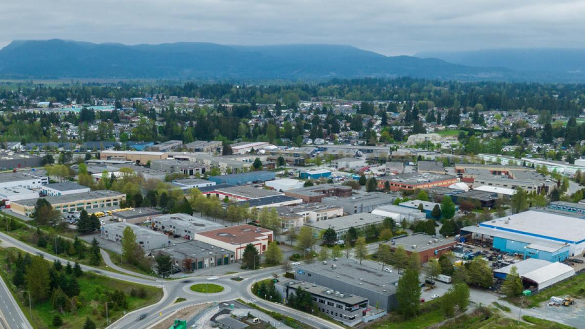 An aerial of the industrial park next to Golden Ears Way.