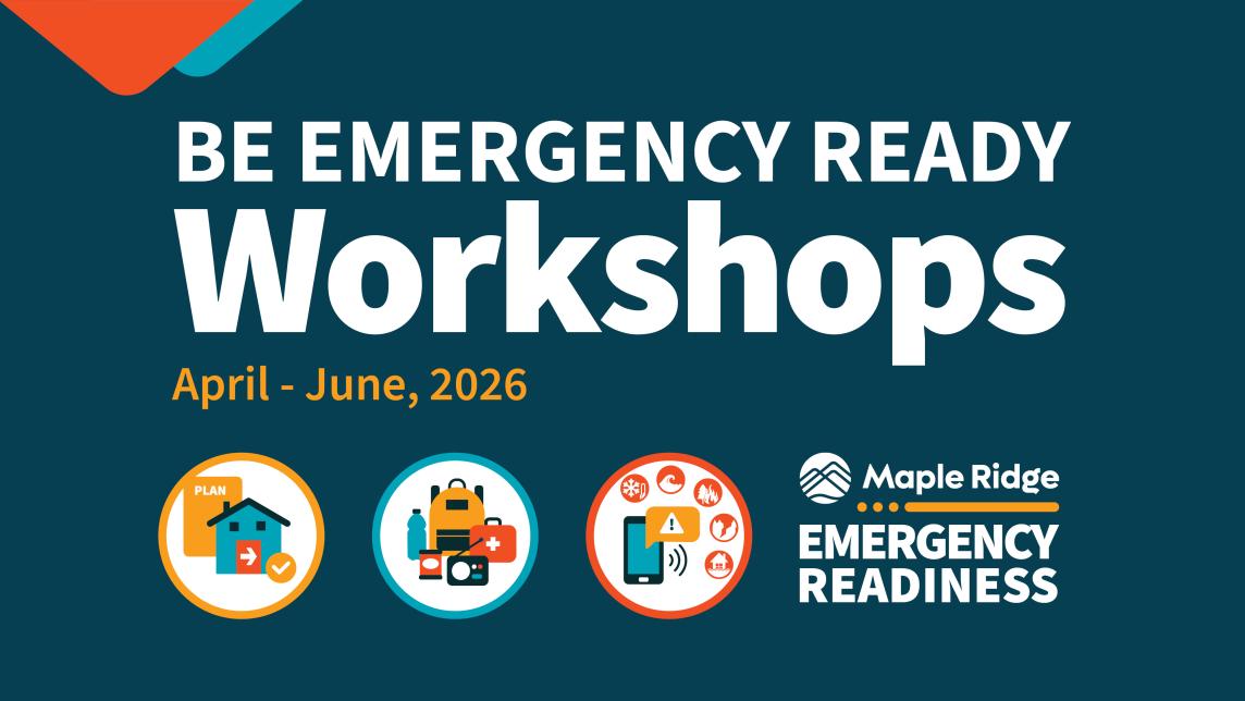 Be Emergency Ready Workshops with icons showing a house and a plan, a backpack with emergency supplies, a cell phone with an alert and natural disaster icons.