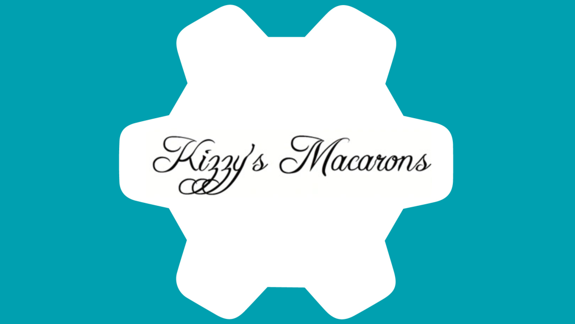 The Kizzy's Macarons logo inside a white gear against a teal background.