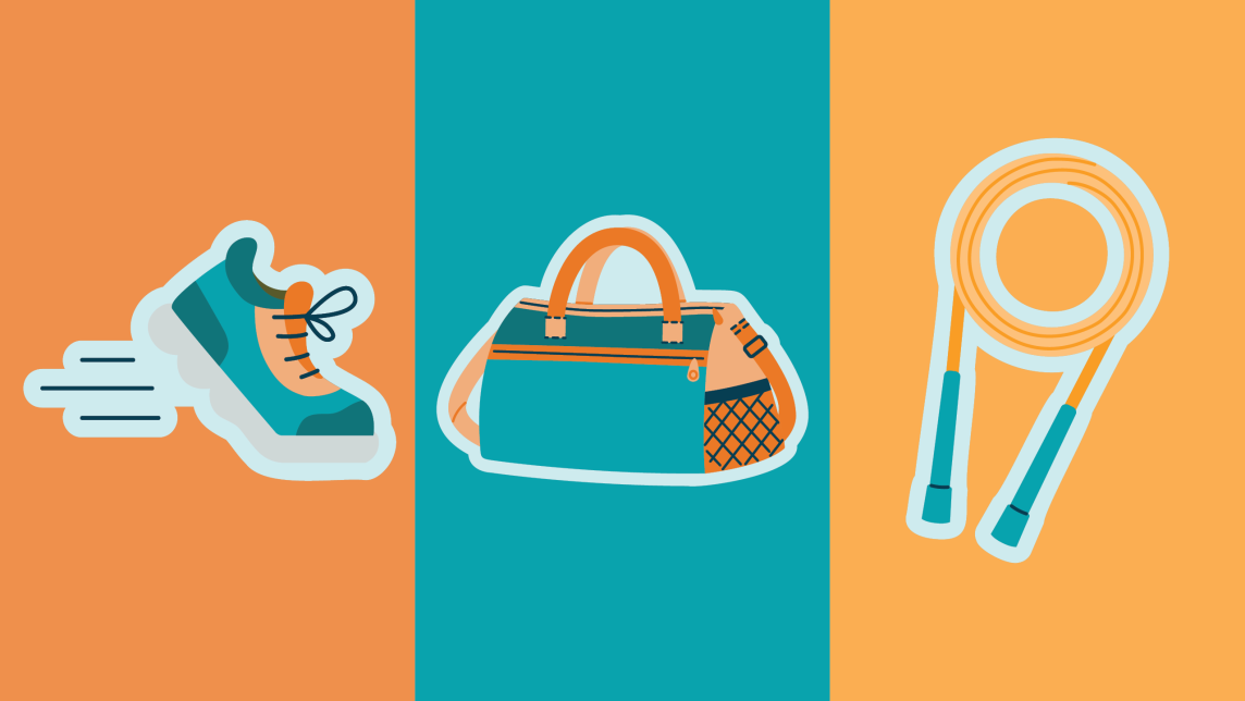 Illustration of running show, gym bag, and jump rope