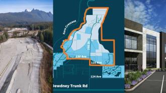 A collage showing three images; an aerial photo of the current 256 lands, a map of the lands, and an artistic rendering of an industrial building.
