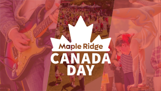 A white stylized maple leaf and text reading Maple Ridge Canada Day sit overtop a red-tinted collage showing a guitar, acrobat, and crowded park.