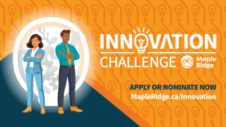 Two business people stand back to back against a white globe filled with cogs and plants. Innovation Challenge Maple Ridge; apply or nominate now at MapleRidge.ca/Innovation