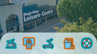 An aerial view of the Maple Ridge Leisure Centre with some iconography depicting an exercise bike, basketball hoop, scooter, cleaning supplies and life preserver in front.