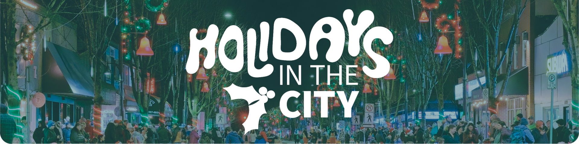 224 Street with Red Bells and Holiday Crowds, Text Holidays in the City