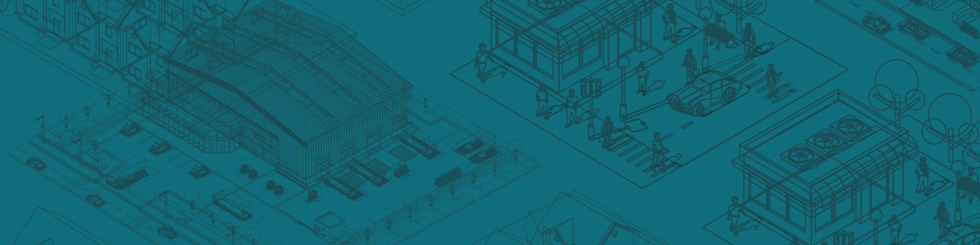 Linework graphics of a store and transit/restaurant hub against a dark teal background.