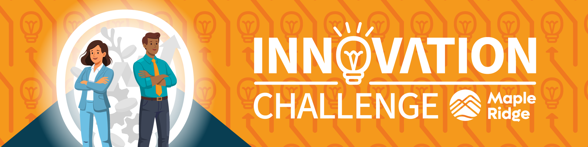 Two cartoon people wearing suits stand back to back, next to the Innovation Challenge Maple Ridge logo.