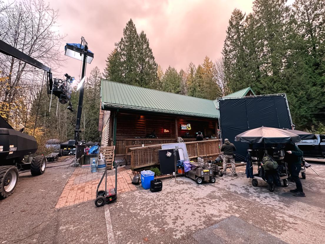 An exterior shot of "Tracker" filming at Eagles Hall