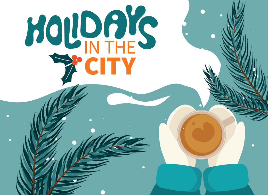 Illustration of Hands Around a Mug with Steam and Words "Holidays in the City"