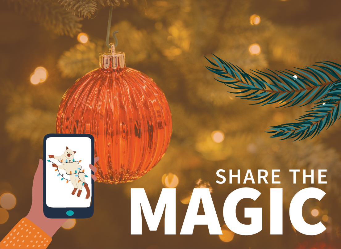 Christmas Ornament on a Tree with Text Share the Magic