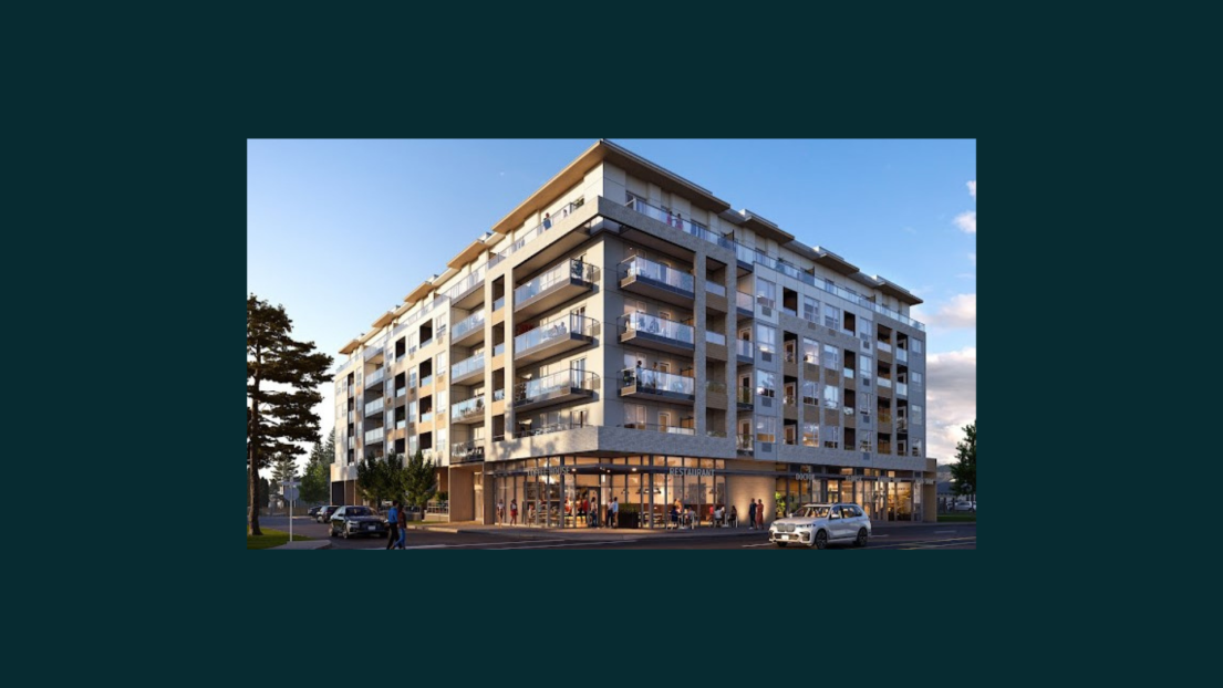 An artistic rendering of the City & Laurel development showing an apartment building with shopping centre on the first floor.