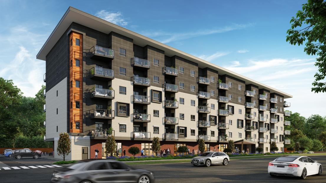 An artistic rendering of the exterior of the development at 21783 Lougheed Highway, showing a dark building with single slanted roof.