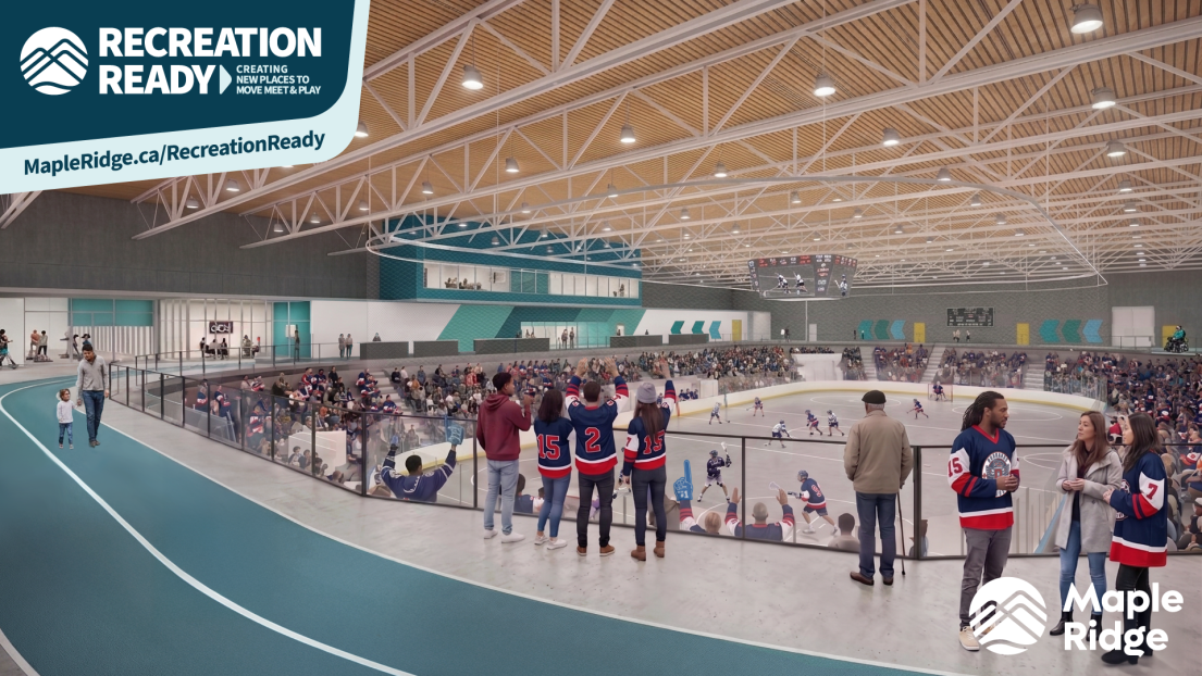 A rendering showing a crowd watching a game of lacrosse on the drained rink from the top of the bleachers.