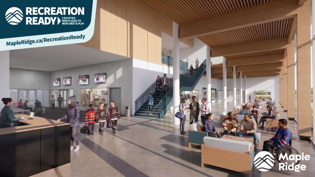 A rendering showing the lobby and top floor access of the proposed ice arena.