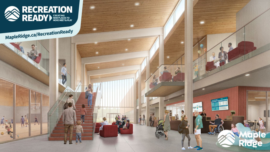 An artistic render of the interior reception area of a public two-storey pool facility.
