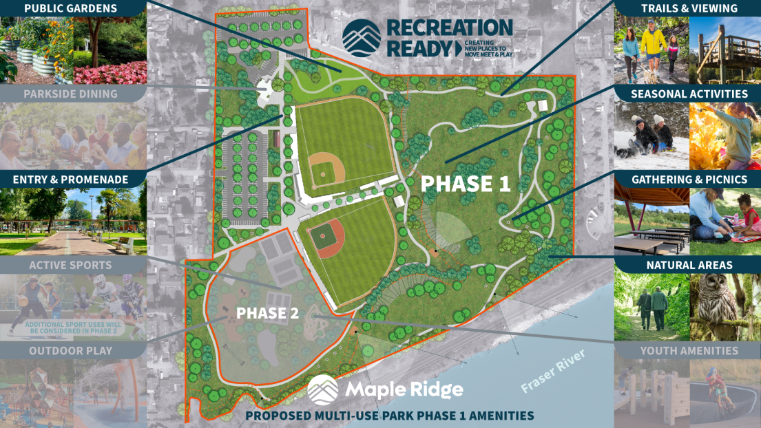 A map of the proposed multi-use park in Hammond, showing the phases of development.