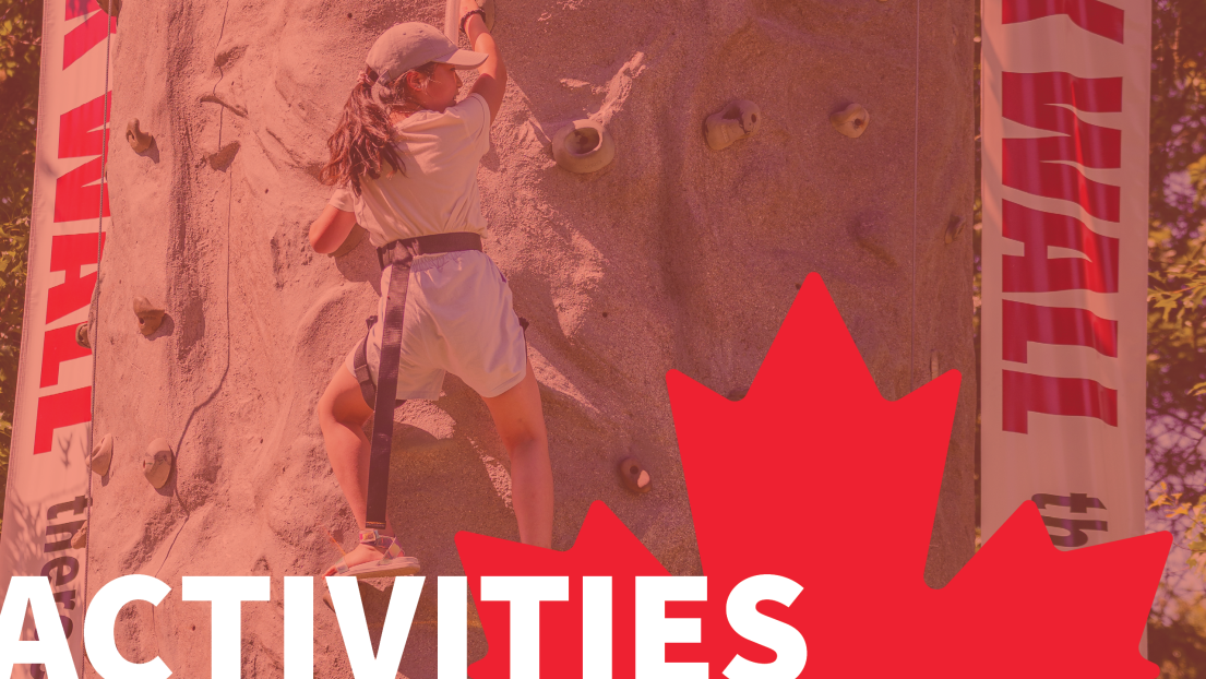 Young Woman Climbing the Rock Wall with Activities Heading