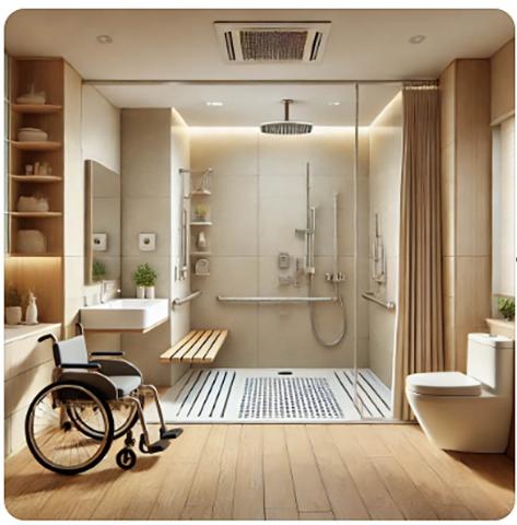 wheelchair in an accessible bathroom with a large shower with glass door