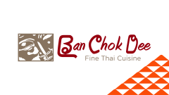The Ban Chok Dee Fine Thai Cuisine logo next to a red soccer-ball-patterned mountain.