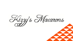 The Kizzy's Macarons logo next to a red soccer-ball patterned mountain.