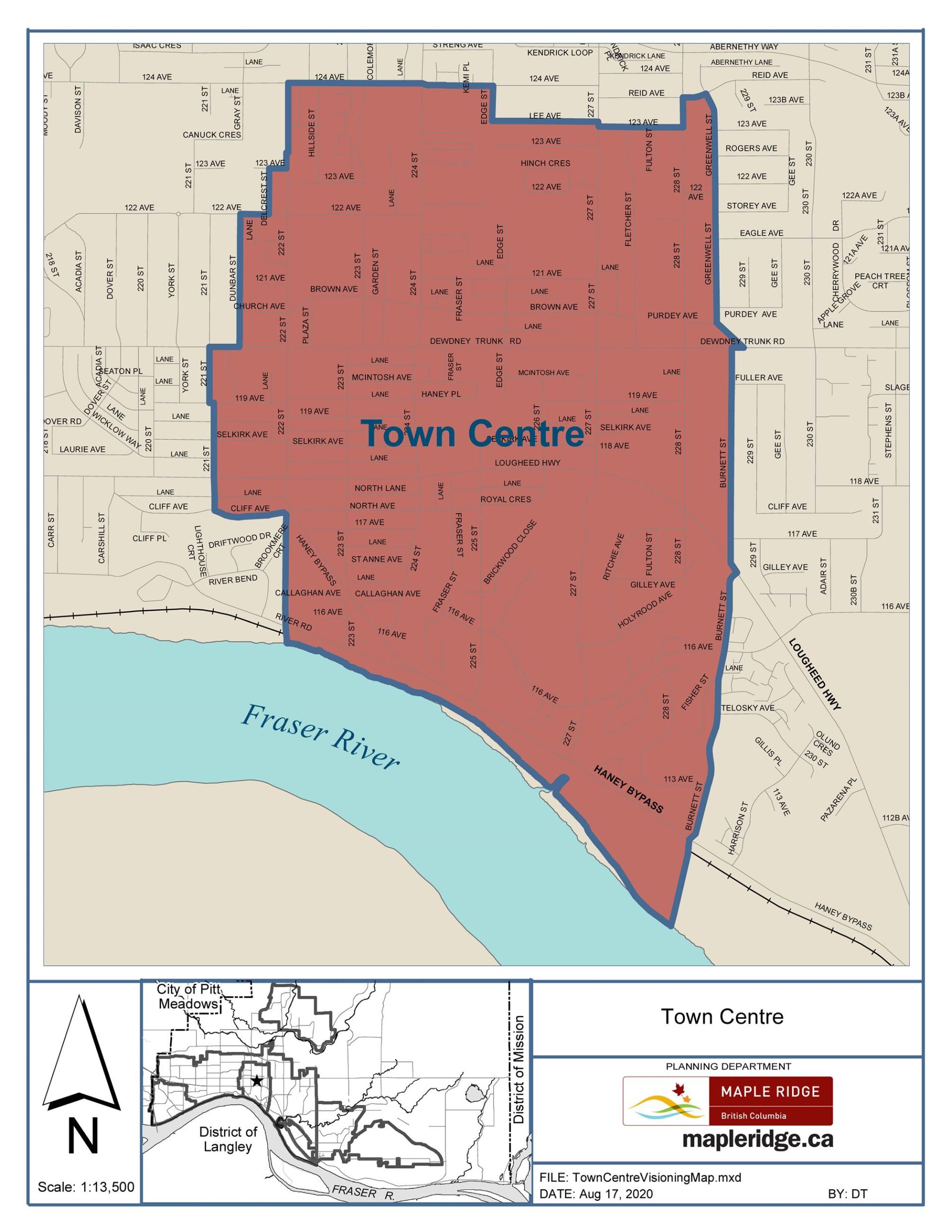 Map of Maple Ridge with the Town Centre Area highlighted in red.