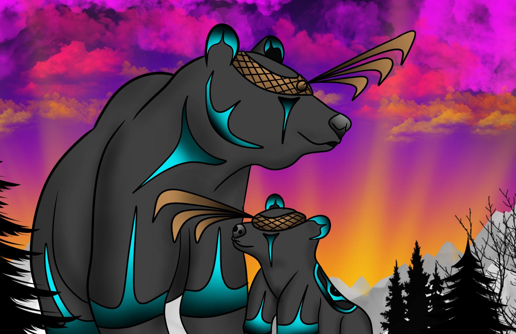 Art by Rain Pierre of Two Bears with a Colourful Sky