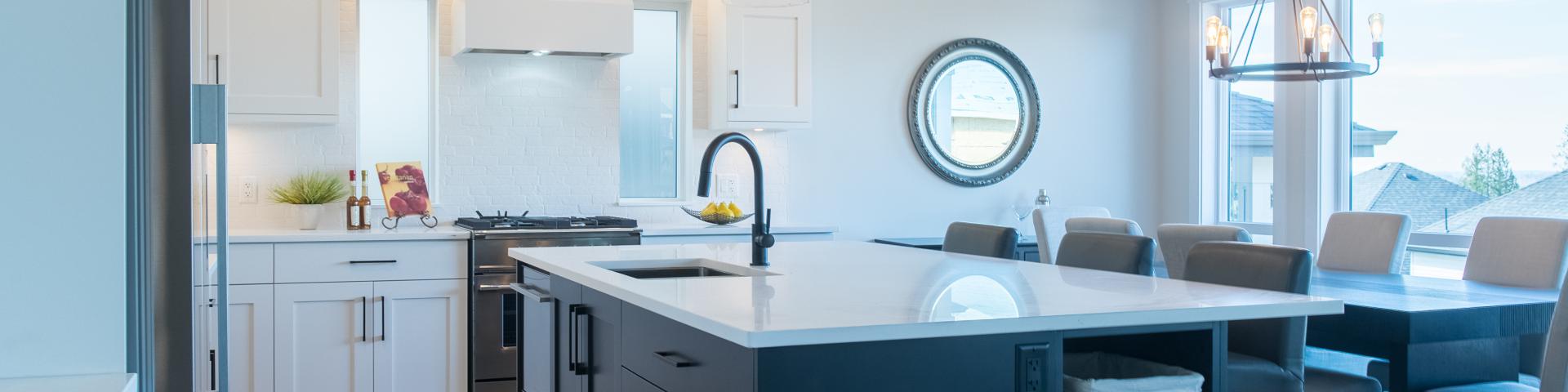 A brand new kitchen gleams in the early morning light.