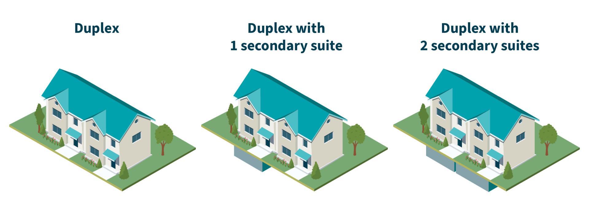 A diagram showing a duplex building, as well as one-and-two basement suite variants.