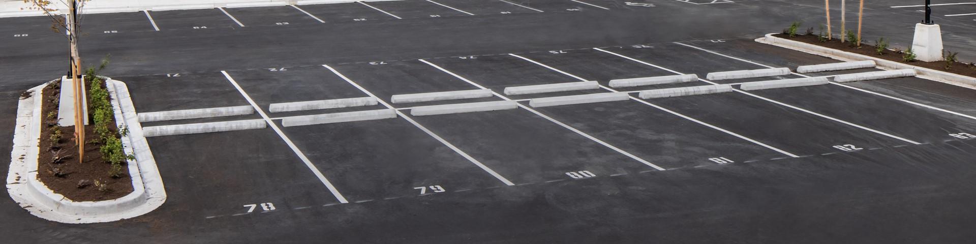 A row of freshly painted white car stalls denote parking spaces on the black pavement of a lot.