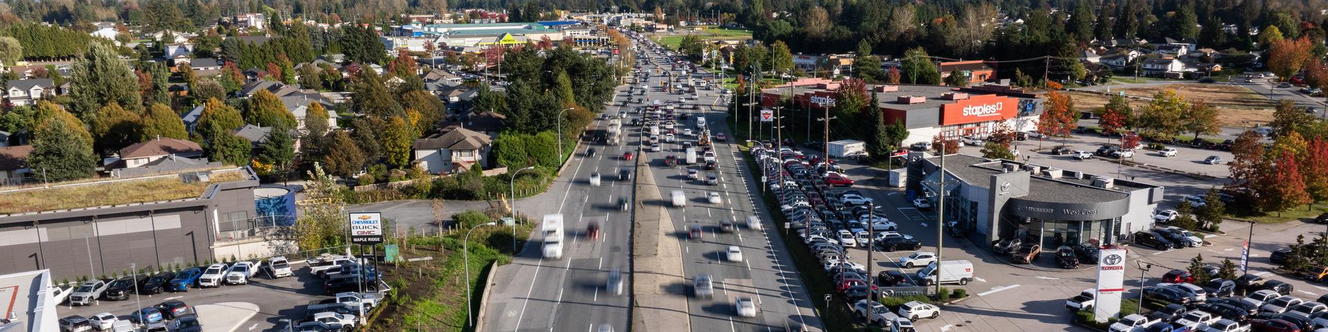 An aerial view of the Lougheed Highway and Dewdney Trunk Road Intersection.