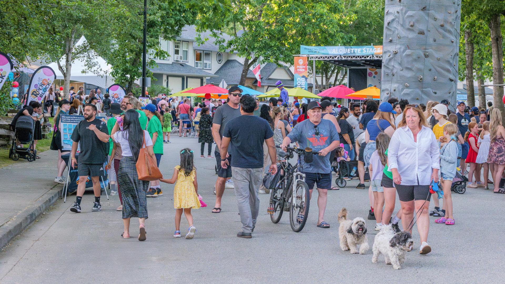A crowd fills a closed off street, enjoying a City sponsored Rock the Block event, with rock climbing and vendors.