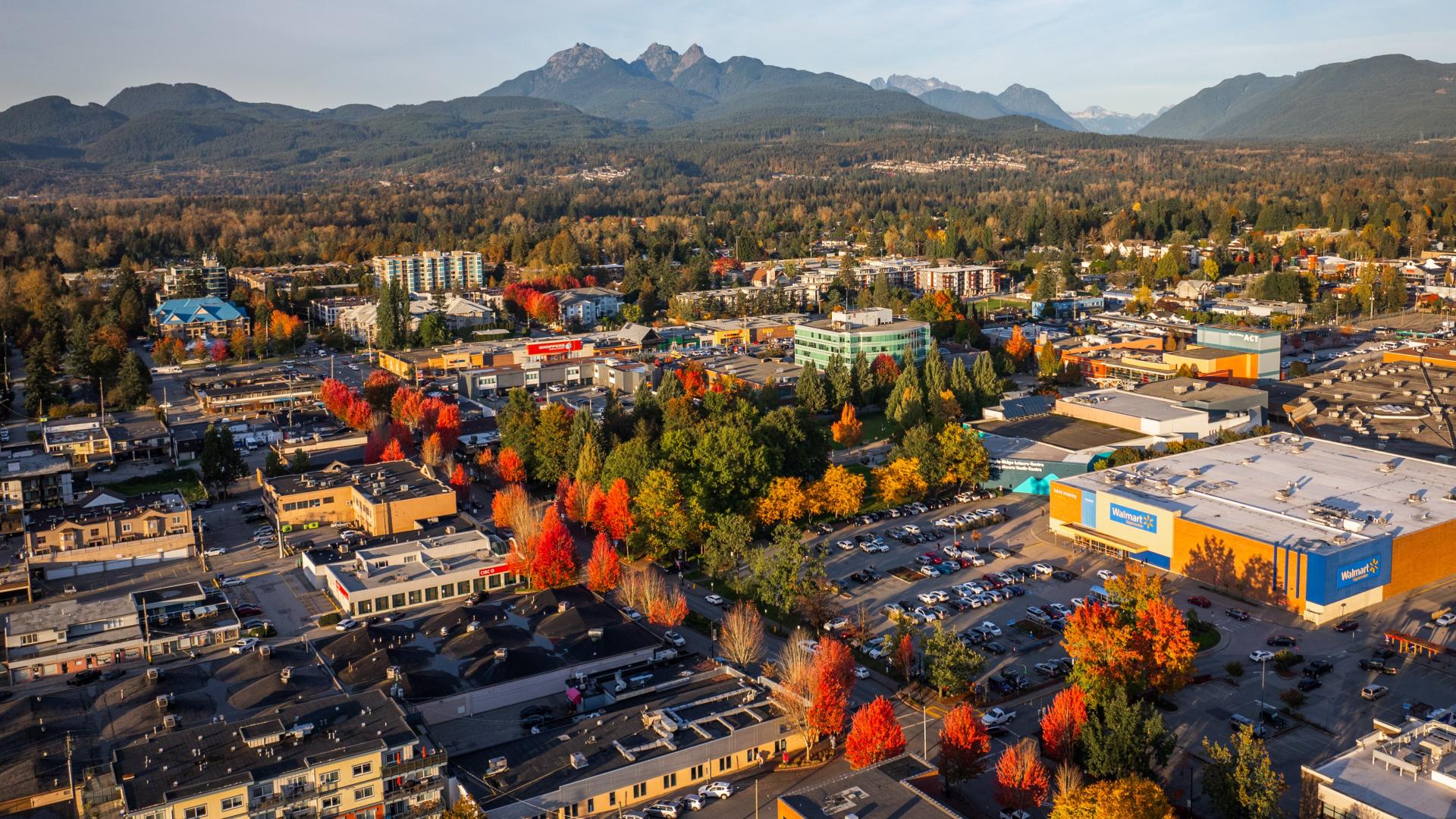 An aerial of Maple Ridge's downtown area, including Library, City Hall and Leisure Centre, with the Golden Ears mountains in the background.