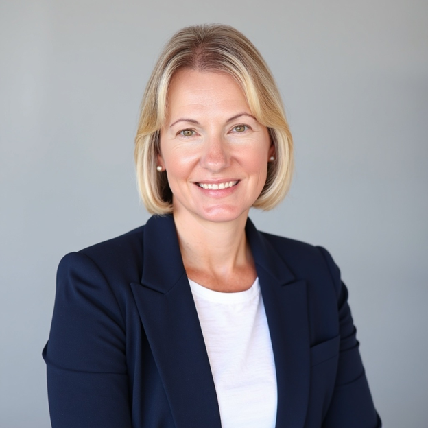 Mary Carmichael smiles at the camera wearing a plain black suit.