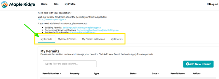 Screenshot of the Citizen Portal home page showing the "My Permits" tab