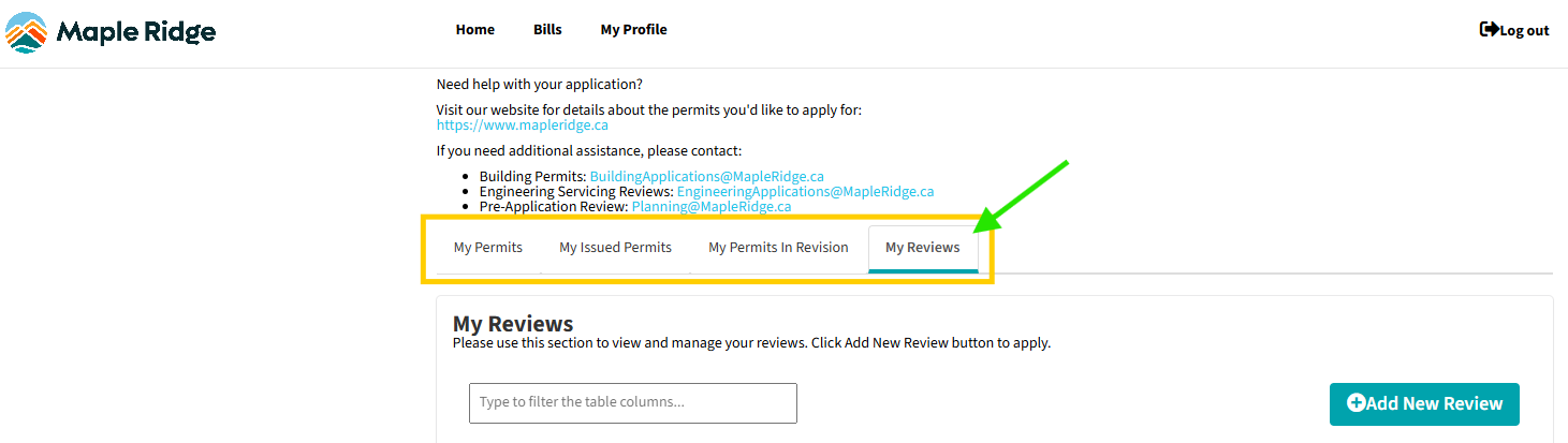 Screenshot of the Citizen Portal home page showing "My Reviews" tab